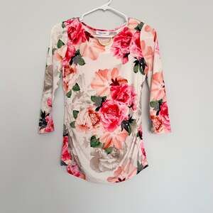 Calvin Klein Floral Print Stretch Top with Gold Neck Detail | Size XS/S D64